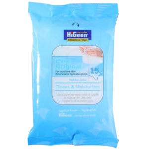 Higeen Antibacterial Wet Wipes Pure Original, Unscented For Sensitive Skin 15 Sheet